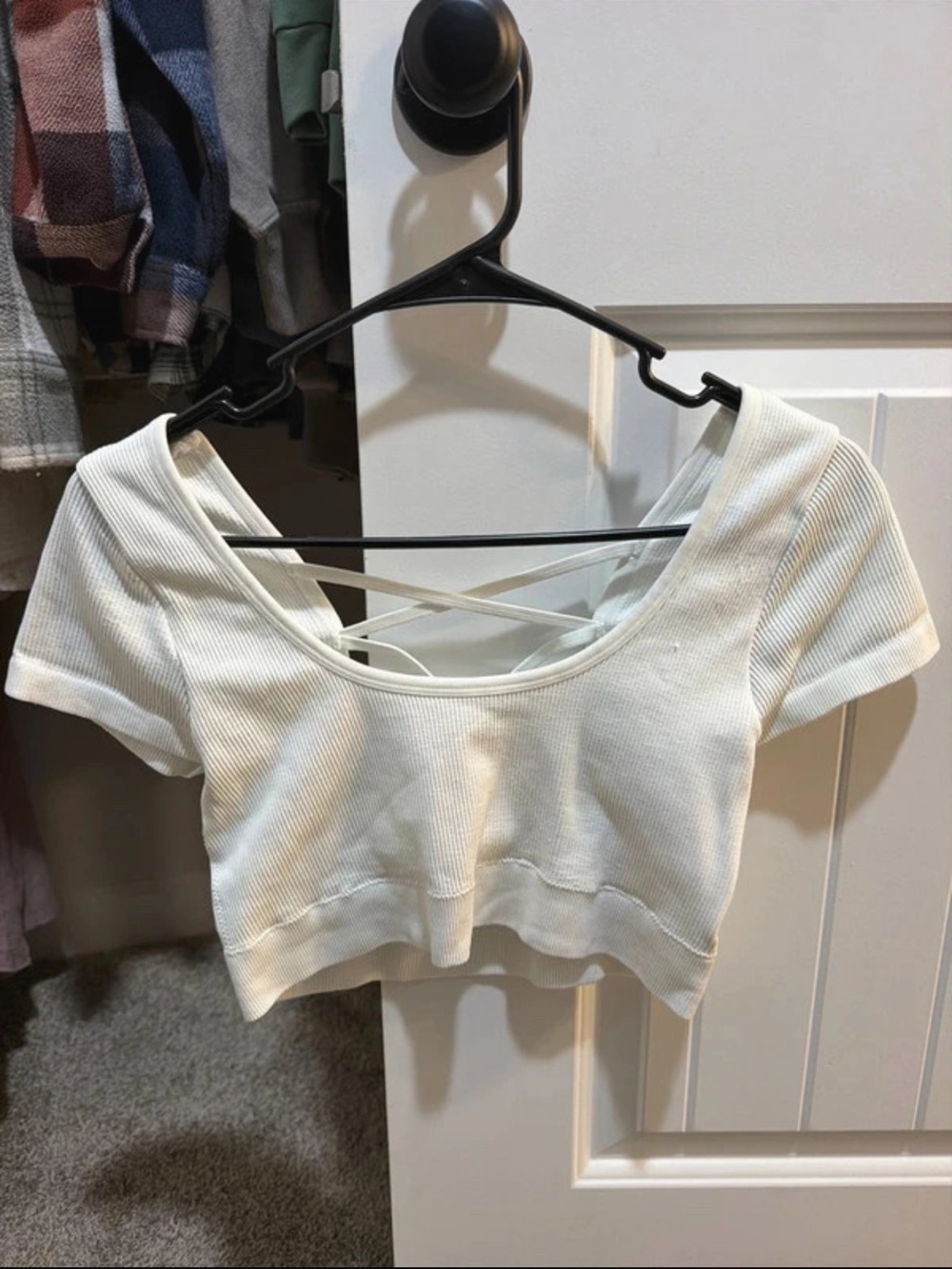 aerie White Ribbed Cropped Tee with Crisscross Back